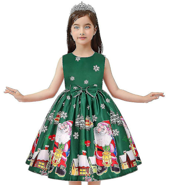 Jul Barn Flickor Ärmlös Jultomte Midi Klänning Rosett-knut Tryckta Festklänningar Green 3-4 Years