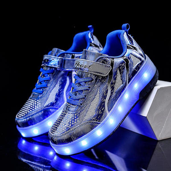 Barn To Hjul Lysende Selvlysende Joggesko Rød Rosa Blå LED Lys Rulleskøyte Sko Barn LED Sko Gutter Jenter USB Lading Q8- blue 36