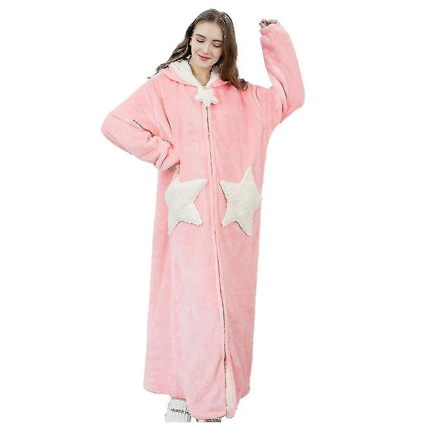 Dam Varm Morgonrock med Huva Mjuk Bekväm Flanell Lång Badrock Pink L