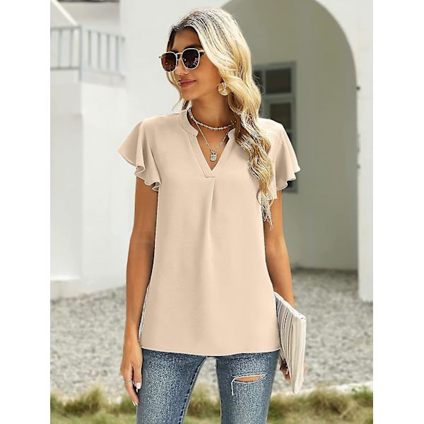 Dam Sommar Casual Delad V-ringning Chiffongblusar Lös Tunika Kortärmade Toppar 07light Khaki XXLarge