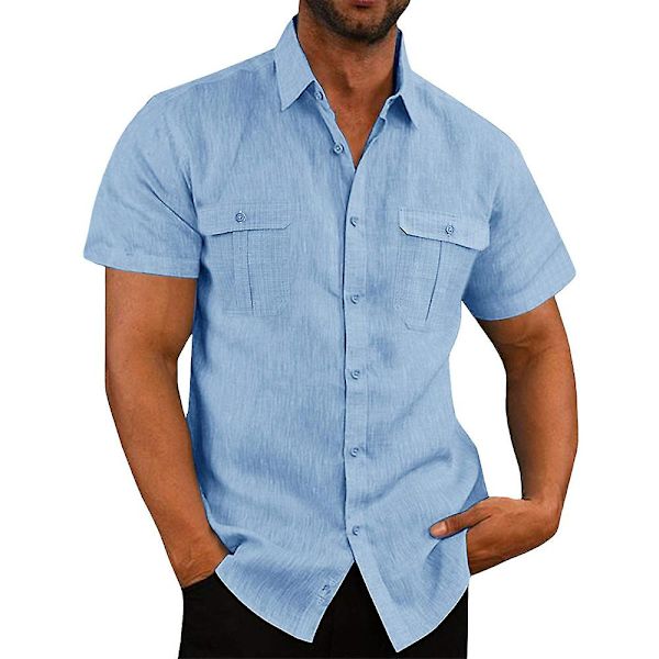 Miesten yksiväriset lyhythihaiset paidat napitettavat kauluspaidat kesäiset vapaa-ajan taskulliset topit Light Blue 3XL