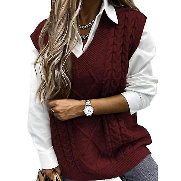 Dame Sweater Vest Dame Oversized V-hals Ærmeløse Sweaters dark red S