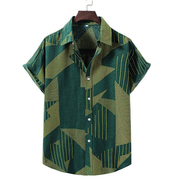 Herre Skjorte Feriestil Knapp Bomull Lin Kort Ermet T-skjorte Krage Topper Green 2XL
