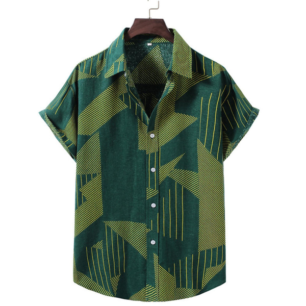Skjorta i semesterstil för män, knapp bomull, linne, kortärmad T-shirt med krage Green S