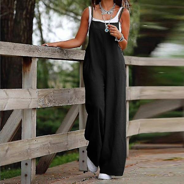 Dam Stora Storlekar Bomull Linne Hängselbyxor Jumpsuit Playsuit Vida Ben Overaller Byxor Black L