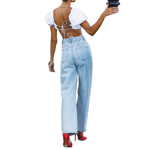 Dame Høj Talje Flåede Denim Bukser Løse Jeans med Lige Ben Blue XL