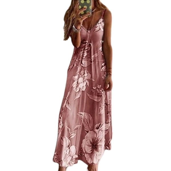 Dame Casual Sommer Boho Maxi Kjole Spaghetti Strop Ærmeløs Blomsterprint V-Hals Strand Lang Sommerkjole Plus Størrelse Pink 4XL