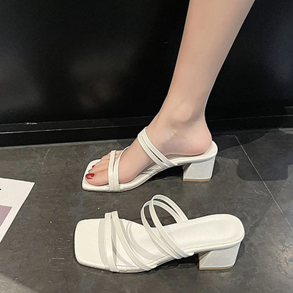 Sommersandaler for kvinner, firkantet tå, slip-on strandsandaler for dame, for fest, jobb og ferie White 36