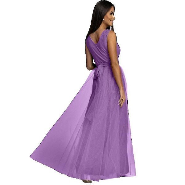 Dame V-hals Brudepige Bryllup Maxikjole Dame Galla Balkjole Aften Cocktailparty Slids Lange Kjoler Purple M