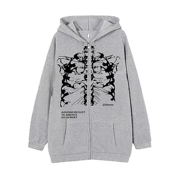 Mørk sweatshirt med lynlås, skelet-hættetrøje, hoodie med knogler, high street hipster sweatshirt jakke grey-black S