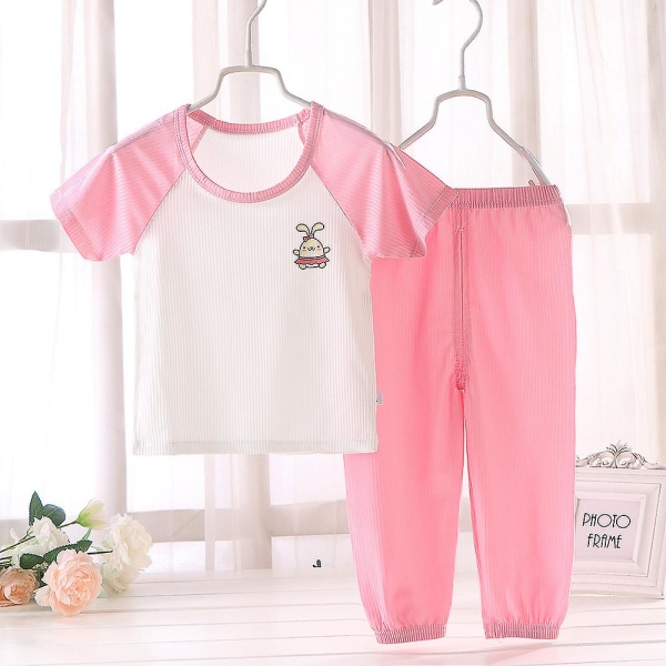 Sommar Barn Kortärmad Pyjamas med Långa Byxor Hudvänliga Sovkläder för Barn Pojke Flicka Raglan Pink 80cm