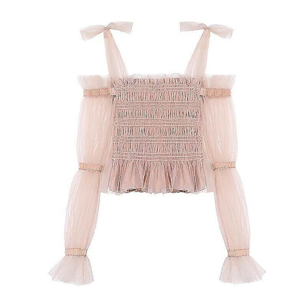 Dame Crop Top Off Shoulder Mesh Skjorte Ruffle Plissert Bluse Fairy Lolita-3 M