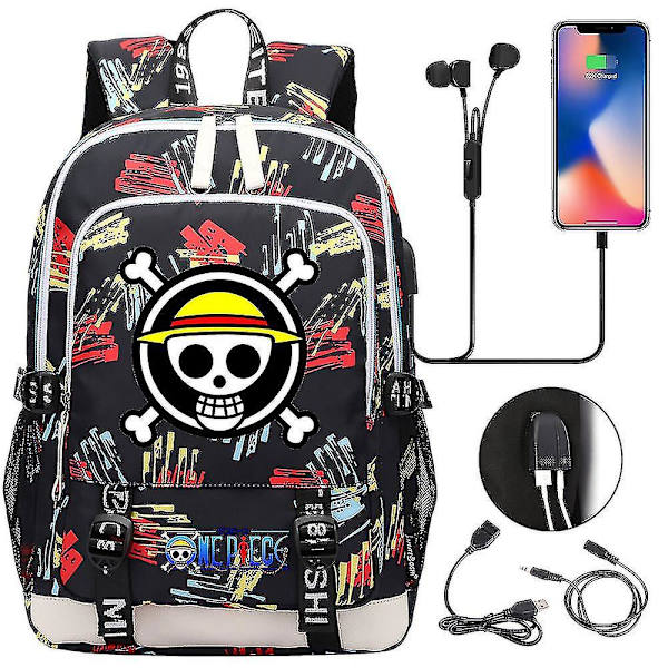 Skolesekk for tenåringer - One Piece-trykket USB-skolesekk for menn og kvinner - Casual reisesekk 5