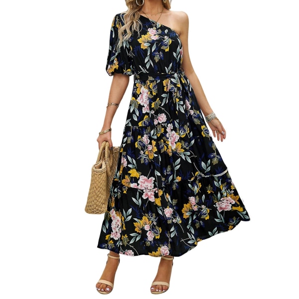 Sommarklänning för damer, bohemisk stil, oversize tryck, lång maxiklänning, present till mamma, kvinna, älskare Black XL