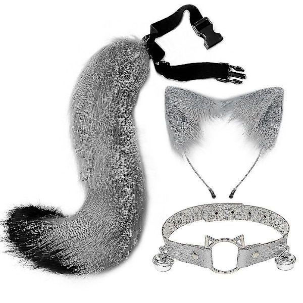 Furry Kattöron Fox Svans Bell Halsband Set Halloween Party Tillbehör Lolita Simulation Päls Plysch Huvudbonader Cosplay Rekvisita Hög Kvalitet Grey