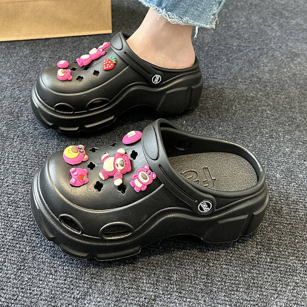 Sko med tyk sål og hævet hul til kvinders sommerstrand anti-slip tåslippers black 5 38-39