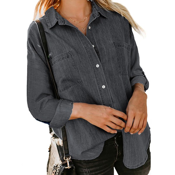 Dame Denimskjorte med Knapper V-hals Bluse Topper med Lommer for Vår Høst Hverdagsbruk Black 2XL