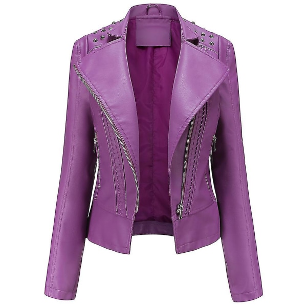 Dam Slim Fit Enfärgad Dubbad Shoulder Zip Kort läderjacka Purple L