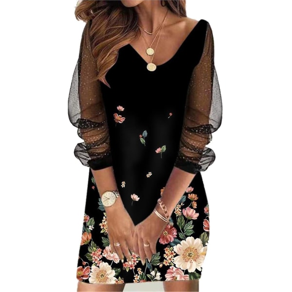 Damklänning Paljetter Genomskinlig Mesh Långärmad V-ringad Kort Klänning Flowers 4XL