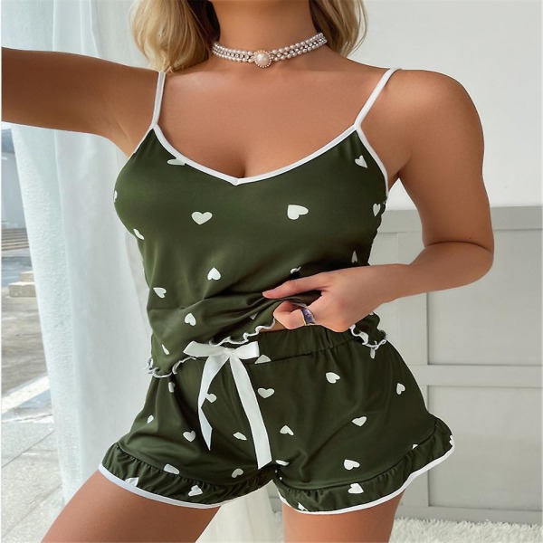 Naisten painettu pyjamasetti kesäyöpuku Cami-toppi shortsit Pjs oloasu Army Green M