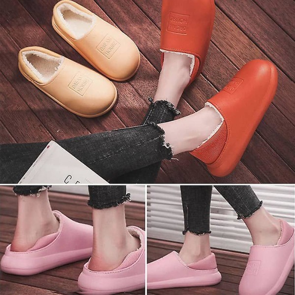 Dame Herre Vinter Varme Hjemmesko PU Læder Kort Plys Bløde Indendørs Par Sko Anti Slip Hyggelige Pink 29-30