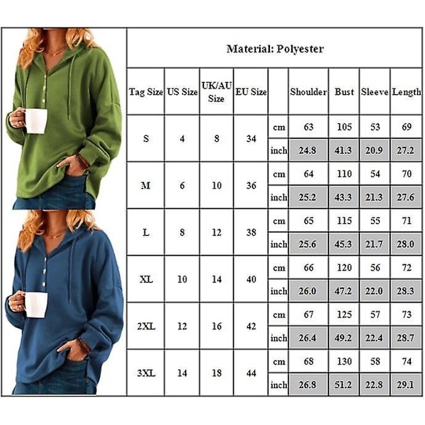 Naisten yksivärinen hupullinen collegepaita, rento, löysä, kiristysnyörillinen huppari, napillinen Henley-paita Green 2XL