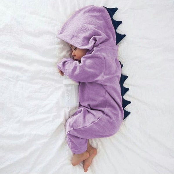 Småbørn Børn Dinosaur Hætte Romper Pyjamas Langærmet Jumpsuit Nattøj Purple 3 Months