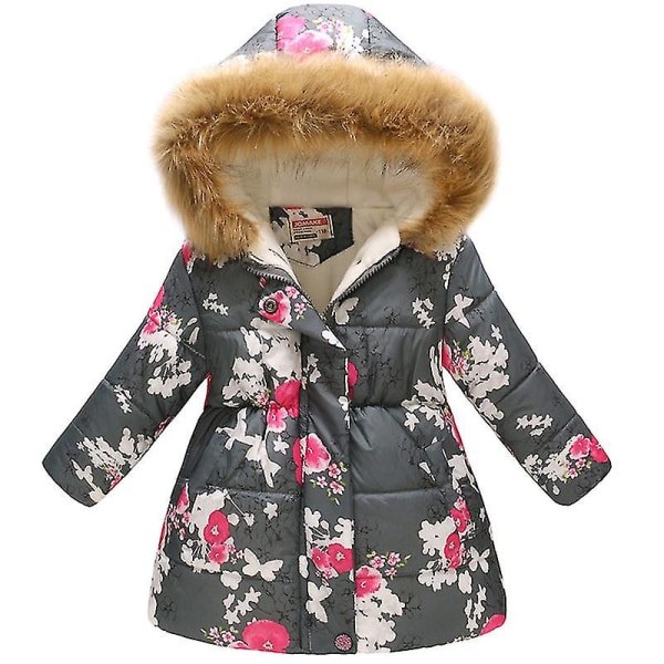 Barnflicka Vinter Päls Huva Parka Rock Kappa Fodrad Varm Dunjacka Ytterkläder Gray Plum Blossom 5-6 Years