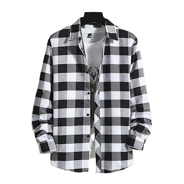 Herre Klassisk Rutete Langermet Knapper Ned Skjorte Lapel T-skjorter Topper Black And White M