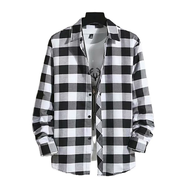 Klassisk Rutig Långärmad Skjorta för Män med Knappar Black And White 3XL