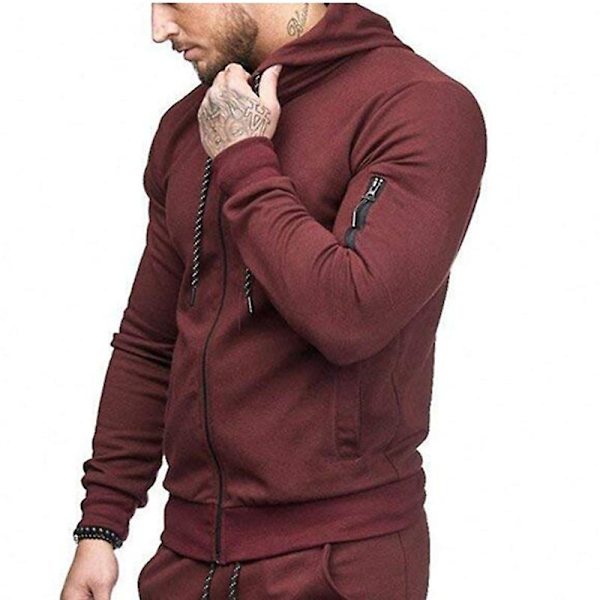 Herre Hættetrøje Lynlås Hættetrøje Vinter Sport Jogging Trøjer Toppe Wine Red 2XL
