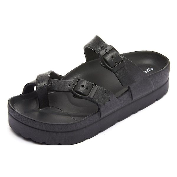 Uformelle ensfargede plattformsandaler for kvinner, lette sklisikre strandsko for daglig bruk Black 37