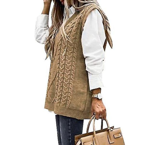 Dame Sweater Vest Dame Oversized V-hals Ærmeløse Sweaters khaki M