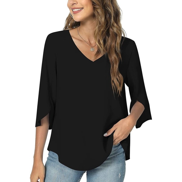 Sommer Casual Skjorte til Kvinder, Løs Tunika Top med V-hals til Leggings, Slids 3/4 Ærmer Chiffon Bluse Black X-Large