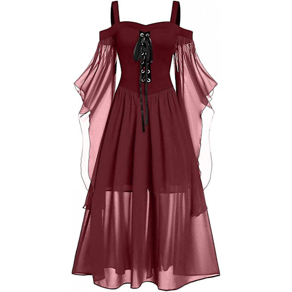 Maxikjole med sommerfugleærmer til kvinder, middelalder punk gotisk tøj, sexet Halloween kostume, kjoler med kolde skuldre og korset B-wine 4X-Large