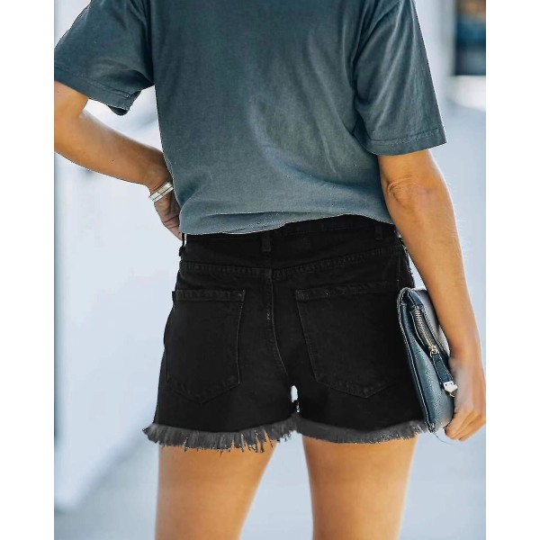 Casual Mid Waist Cuffed Hem Distressed Stretchy Denim Shorts Womens Shorts Skinny Denim Hot Pants Black M