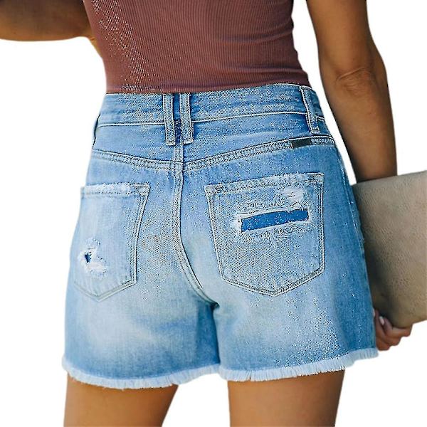 Kvinnor Hög Midja Denim Shorts Multi Button Destroyed Hot Pants Sommar Semester Korta Byxor M