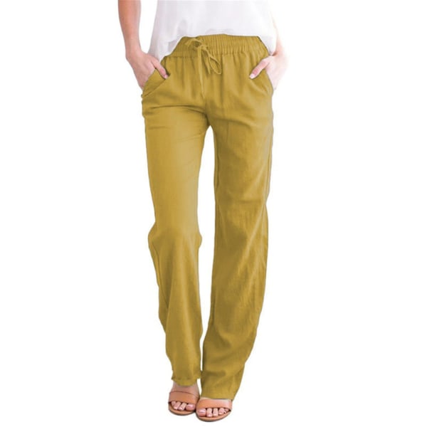Dame Vide Ben Palazzo Bukser Løse Hør Snøre Cropped Bukser Yellow L