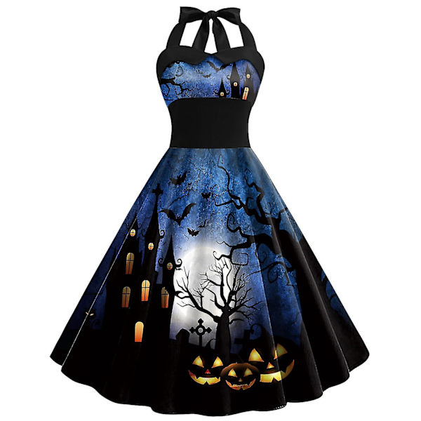 Halloween Dame Græskar Flagermus Spøgelse Skelet Print Ærmeløs Rund Hals Afslappet Kant Kjole COLOR 2 L
