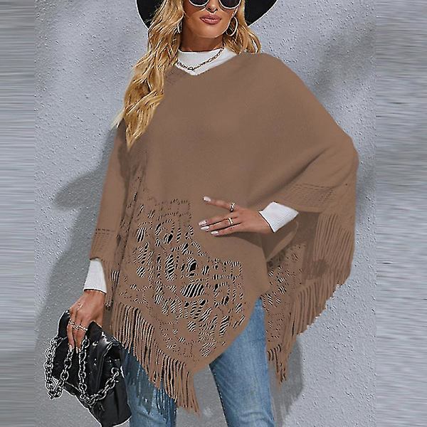 Dam Långärmad Poncho Tröja Ledig Arbets Pullover Cape Vinter Varm Stickad Kappa Khaki L