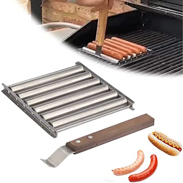Rostfritt Stål Varmkorv Korv Roller Rack Jämn Värme Ångkokare Med Trähandtag Grillverktyg 5 Sektioner