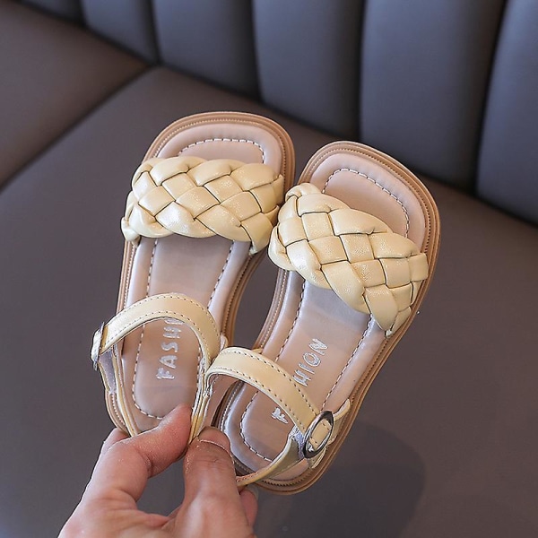 Flickor Sommarsandaletter Flätade Semester Fyrkantig Tå Söt Barn Sandaler Beige Gul 21-36 Pu Läder Mode Barn Sliders Beige 26 insole16cm