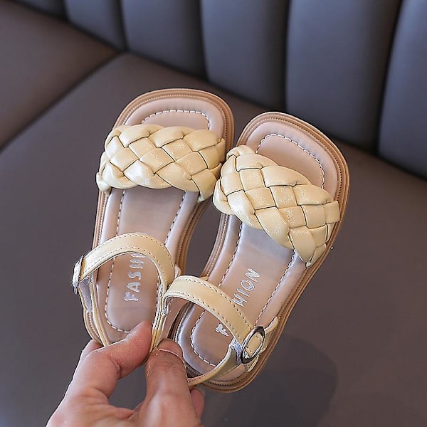 Småbarnsskor Flicka Sommar Flätade Semester Fyrkantig Tå Söta Barnsandaler Beige Gul 21-36 PU Läder Mode Barn Sandaler Yellow 32 insole19.6CM