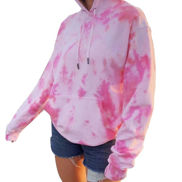 Tie Dye Sweatshirt Långärmad Dragsko Pullover Toppar Lös Casual Sweatshirt För Pink L