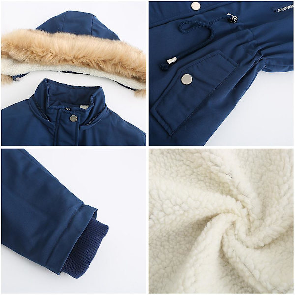 Tykk hetteparkas for kvinner, vindtette fleeceforede jakker med lommer Blue L