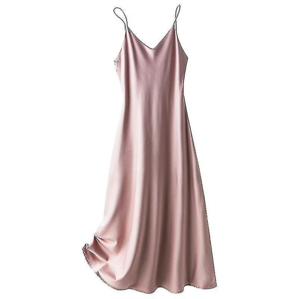 Kvinnors satin faux silke klänning axelbandslös underklänning nattlinne sexig a-linje lång Pink 2XL