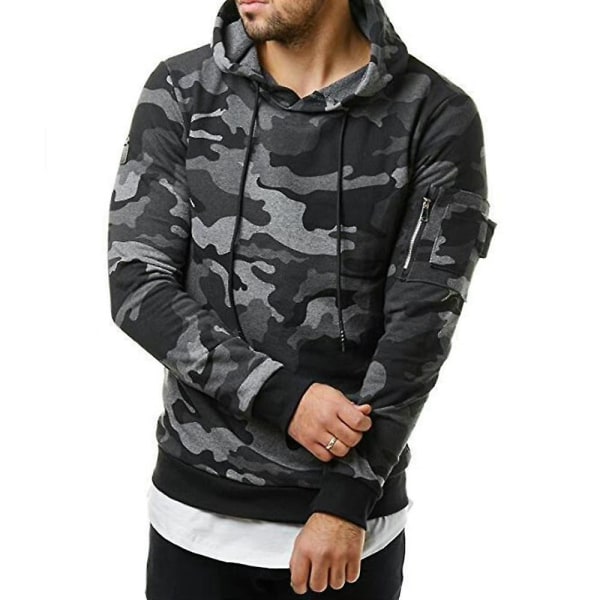 Män Kamouflage Huvtröja Sport Casual Långärmad Slim Fit Dragsko Hoodie Pullover Toppar Camo Grey XL