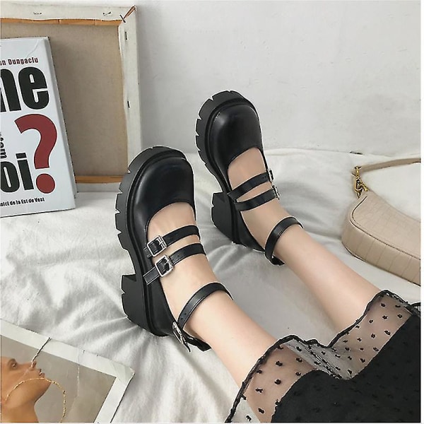 Kvinnor Pu Skor Höga klackar Lolita College Studenter Skor i japansk stil Retro Svarta Höga klackar Mary Jane Skor EURO 38
