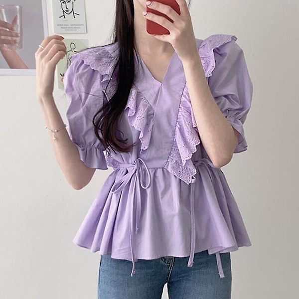 Naisten pitsipusero röyhelöpaidan toppi Peplumit Puff-hiha V-kaula-aukko Retro-3 Purple XL(UK 12)