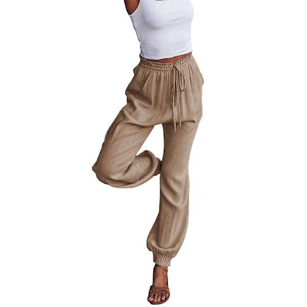 Dam Enfärgad Elastisk Midja Dragsko Joggers Snörning Långbyxor Casual Byxor Khaki L
